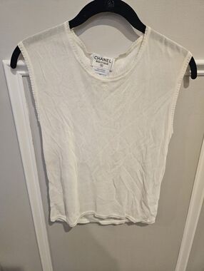 Vintage CHANEL Boutique Off White Sleeveless Knit Sheer Tank Size 36
